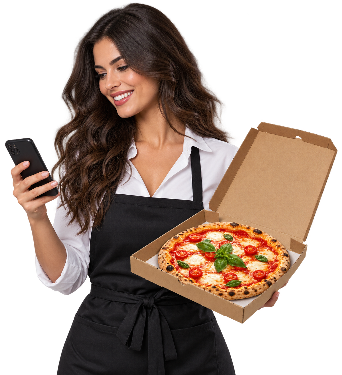 Pizzaiola con smartphone e una pizza Margherita pronta per la consegna